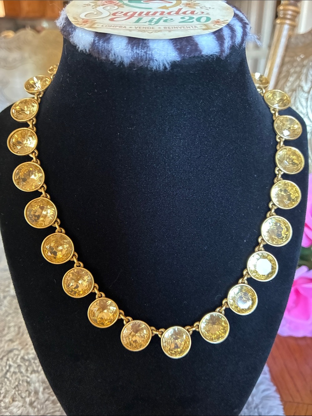 Stella & Dot Gold-Tone Yellow Crystal Coin Link Necklace